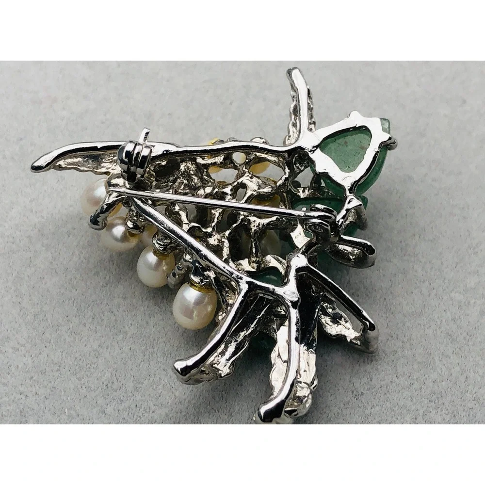 Vintage Brooch‎ Pin Lot Dolphin Flower Faux Pearl Green Stone Leaf Silver Tone